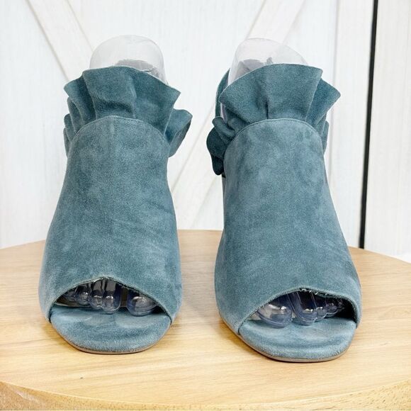 Seychelles by Anthropologie Sightseeing Suede Slingback Peep Toe Heels Teal 9 - Picture 3 of 11
